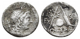Cn. Lentulus, 76-75 BC. Denarius. Silver. Spain (?). 
Obv: G · P · R Draped bust of the Genius Populi Romani to right, bearded, his hair bound with a ...