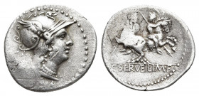 C. Servilius M. f. AR Denarius. Rome, 136 BC. 
Obv: Helmeted head of Roma to right; wreath above XVI monogram (mark of value) behind, ROMA below.
Rev:...