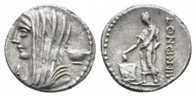L. Cassius Longinus. 60 BC. AR Denarius. Rome mint. 
Obv: Veiled and draped bust of Vesta left; A to left, calix to right .
Rev: LONGIN · III · V. Vot...