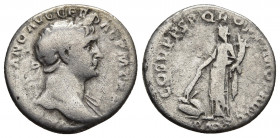 Trajan AR Denarius. Rome, circa AD 103-111. 
Obv: IMP TRAIANO AVG GER DAC P M TR P, laureate bust to right with slight drapery on left shoulder.
Rev: ...