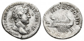 Hadrian, 117-138. Denarius. Silver. Rome, late 121-125. 
Obv: IMP CAESAR TRAIAN HADRIANVS AVG Laureate bust of Hadrian to right, with right drapery on...