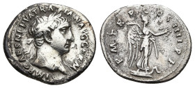 Trajan AR Denarius. Rome, AD 102.
Obv: IMP CAES NERVA TRAIAN AVG GERM, Laureate head right.
Rev: PM TRP COS IIII PP, Victory standing right on prow te...