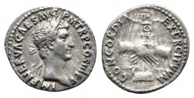 Nerva AR Denarius. Rome, AD 97.
Obv: IMP NERVA CAES AVG P M TR P COS III P P, laureate head to right.
Rev: CONCORDIA EXERCITVM, two clasped hands hold...