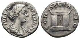 Diva Faustina Junior, died 175/6. Denarius, silver, Rome. 
Obv: DIVA FAVSTINA PIA Draped bust of Diva Faustina Junior to right. 
Rev: CONSECRATIO Alta...