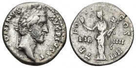ANTONINUS PIUS (138-161). Denarius. Rome.
Obv: ANTONINVS AVG PIVS P P. Laureate head right.
Rev: TR POT COS IIII / LIB - IIII. Liberalitas standing le...