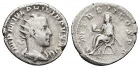 PHILIP I 'THE ARAB' (244-249). Antoninianus. Rome.
Obv: IMP M IVL PHILIPPVS AVG. Radiate, draped and cuirassed bust right.
Rev: P M TR P II COS P P. P...