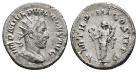 Philip I Arab AD 244-249. Rome. Antoninianus AR.
Obv: IMP M IVL PHILIPPVS AVG, radiate, draped and cuirassed bust right, seen from behind.
Rev: P M TR...