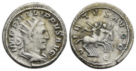 PHILIP I 'THE ARAB' (244-249). Antoninianus. Rome.
Obv: IMP PHILIPPVS AVG. Radiate, draped and cuirassed bust right.
Rev: VIRTVS AVGG. Philip I, holdi...