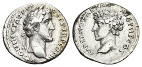 ANTONINUS PIUS with MARCUS AURELIUS as Caesar (138-161). Denarius. Rome.
Obv: ANTONINVS AVG PIVS P P TR P COS III. Laureate head of Antoninus Pius rig...