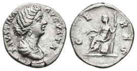 Faustina II AD 147-175. Struck under Marcus Aurelius and Lucius Verus, circa AD 161-164. Rome Denarius AR 16mm.
Obv: FAVSTINA AVGVSTA, diademed and dr...