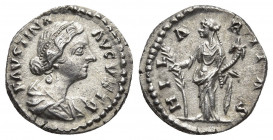 Faustina II (wife of M. Aurelius) AR Denarius. Rome, AD 161-175.
Obv: FAVSTINA AVGVSTA, draped bust to right.
Rev: Hilaritas standing facing, head to ...