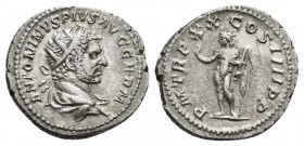 CARACALLA (198-217). Antoninianus. Rome.
Obv: ANTONINVS PIVS AVG GERM. Radiate, draped and cuirassed bust right.
Rev: P M TR P XX COS IIII P P. Sol st...