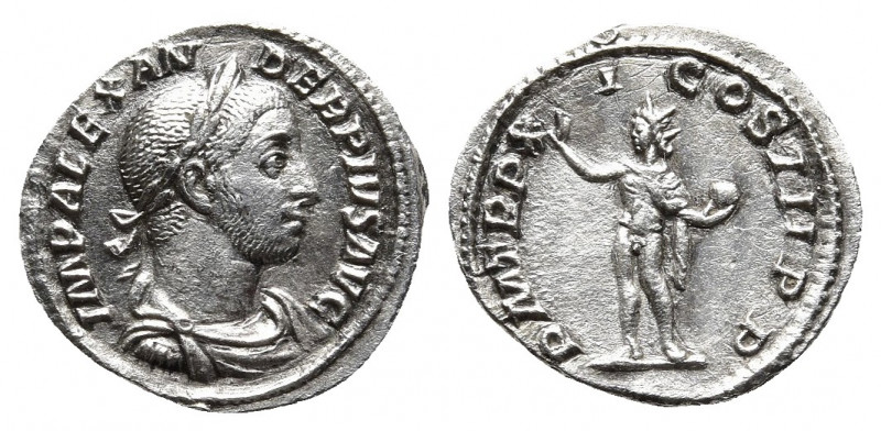 Severus Alexander AR Denarius Rome, AD 232. 
Obv: IMP ALEXANDER PIVS AVG, laurea...