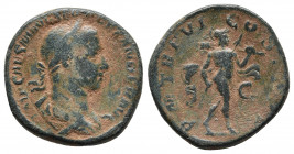 Severus Alexander Æ Sestertius. Rome, AD 227. 
Obv: IMP CAES M AVR SEV ALEXANDER AVG, laureate, draped and cuirassed bust to right.
Rev: P M TR P VI C...