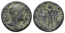 Hadrian Ӕ As. Rome, AD 125-128. 
Obv: HADRIANVS AVGVSTVS, laureate head right, drapery over left shoulder.
Rev: COS III, Janus standing to front, hold...
