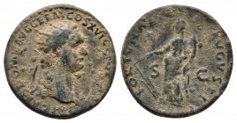 Domitian Æ Dupondius. Rome, AD 92-94. 
Obv: IMP CAES DOMIT AVG GERM COS XVI CENS PER P P, radiate head to right.
Rev: FORTVNAE AVGVSTI, Fortuna standi...