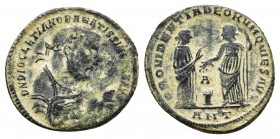 Diocletian Æ Nummus. Antioch, circa AD 306. 
Obv: D N DIOCLETIANO BAEATISSIMO SEN AVG, laureate bust right, wearing imperial mantle and holding olive-...