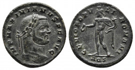 Maximianus Herculius AD 286-305. Aquileia Follis Æ. 
Obv: IMP MAXIMIANVS P F AVG, laureate head right.
Rev: GENIO POPVLI ROMANI, Genius of the Roman p...