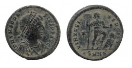 Theodosius I AD 379-395. Nicomedia. Follis Æ
Obv: DN THEODOSIVS P F AVG, pearl-diademed, draped and cuirassed bust right.
Rev: VIRTVS EXERCITI, Empero...