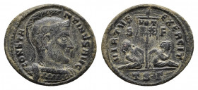 Constantinus I 'the Great' (306-337 AD). AE Nummus, Thessalonica, 320 AD.
Obv: CONSTANTINVS AVG, Helmeted and cuirassed bust to right.
Rev: VIRTVS EXE...