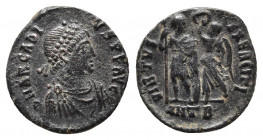 Arcadius AD 383-408. Antioch. Follis Æ
Obv: D N ARCADIVS P F AVG, rosette-diademed, draped and cuirassed bust right .
Rev: VIRTVS EXERCITI/ ANTB, empe...