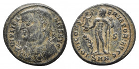 Licinius I Ӕ Silvered Nummus. Nicomedia, AD 317-320. 
Obv: IMP LICINIVS AVG, laureate and draped bust left, holding mappa, globe and sceptre.
Rev: IOV...