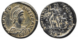 Theodosius I, ca. 378-383 AD, Nicomedia Mint, AE.
Obv: D N THEODO-SIVS P F AVG. Helmeted and diademed, draped and cuirassed, bust of Theodosius I righ...