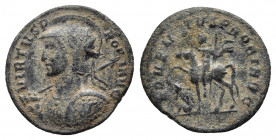 PROBUS (276-282) AE24 Antoninianus. Rome.
Obv: VIRTVS PROBI AVG - radiate, helmeted and cuirassed bust left, holding shield and spear over shoulder; e...