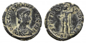 Julian II (360-363). Æ. Constantinople, 355-61. 
Obv: D N CL IVLIANVS NOB CAES. Bare-headed, draped and cuirassed bust r.
Rev: SPES REI-PVBLICE / CONΔ...