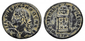 CRISPUS (Caesar, 316-326). Follis. Treveri.
Obv: IVL CRISPVS NOB CAES. Laureate and cuirassed bust left, holding shield and spear pointing forward.
Re...