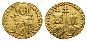 Basil I the Macedonian, with Constantine, 867-886. Solidus. Gold, Constantinopolis, 868-879.
Obv: +IhS XPS RЄX RЄςNANTIЧM✱ Christ, nimbate, seated fac...