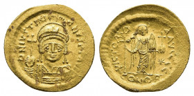 Justinian I, 527-565. Solidus, gold, Constantinople, 5th officina, 542-565. 
Obv: D N IVSTINI - ANVS P P AVG Helmeted and cuirassed bust of Justinian ...