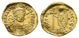Anastasius I, 491-518. Solidus, gold, Constantinople, E = 5th officina, 492-507. 
Obv: D N ANASTA-SIVS P P AVG Helmeted and cuirassed bust of Anastasi...