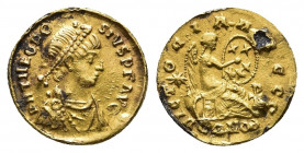 Theodosius II, 402-450. Semissis, gold, Constantinople, 420-423. 
Obv: D N THEOD-SIVS P F AVG Pearl-diademed, draped and cuirassed bust to right. 
Rev...