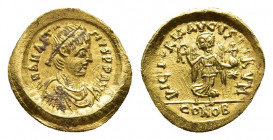 Anastasius I, 491-518. Tremissis. gold, constantinople, 492-518. 
Obv: D N ANASTA-SIVS P P AVG Diademed, draped and cuirassed bust of Anastasius to ri...