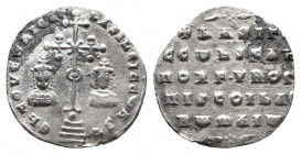 Basil II Bulgaroktonos, with Constantine VIII, 976-1025. Miliaresion silver, Constantinople, 977-989. 
Obv: TOVTω nICA T' bASILEI C CωnST' Patriarchal...