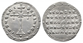 Constantine VII Porphyrogenitus, with Romanus I, 913-959. Miliaresion silver. Constantinopolis, 945-959. 
Obv: IҺSЧS XRISTЧS ҺICA Cross crosslet, with...