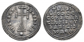 Basil I the Macedonian (AD 867-886), with Constantine. AR miliaresion. Constantinople, AD 868-879. 
Obv: IhSЧS XRI-StЧS nICA, cross potent set on thre...
