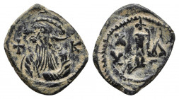 Constans II. 641-668. Æ Decanummium. Constantinople mint, 1st officina. Dated RY 22 (662/3). 
Obv: Crowned facing bust with long beard, holding globus...