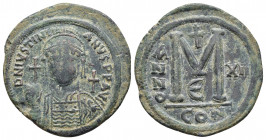 Justinian I, 527-565. Follis Bronze, Constantinople, E = 5th officina, year 12 = 538-539. 
Obv: D N IVSTINIANVS P P AVC Diademed, helmeted and cuirass...