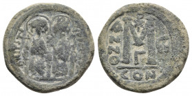 Justin II. 565-578. AE follis. Constantinople mint, dated RY 7 = 571/2. 
Obv: D N IVSTINIANVS P P AV, Justin II and Sophia seated on throne facing, bo...