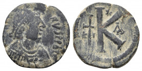 Justin I AD 518-527. Cyzicus Half follis Æ. 
Obv: Diademed, draped, and cuirassed bust right.
Rev: Large K, K-Y flanking cross to left, A to right, st...