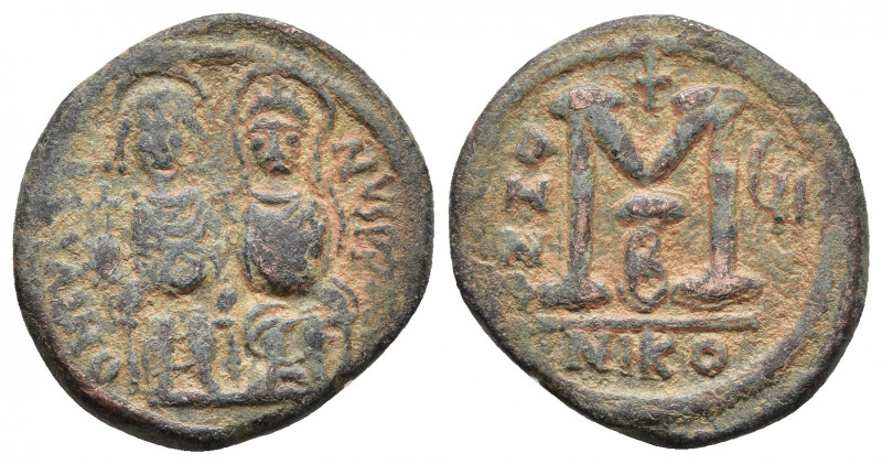 Justin II, with Sophia. 565-578. Æ Follis. Nicomedia mint, 2nd officina. Dated R...