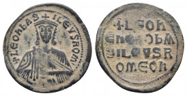 Leo VI, the Wise. 886-912. AE follis. Constantinople mint. 
Obv: LEON S ALEXANDROS, Leo on left and Alexander on right, both crowned and wearing loros...