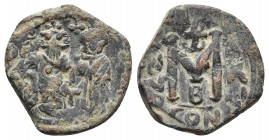 Heraclius, with Heraclius Constantine. 610-641. Æ Follis. Constantinople mint, 2nd officina. Struck 629-631. Obv: Heraclius, holding long cross, and H...