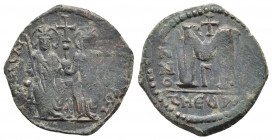 Justin II and Sophia (565-578). Æ 40 Nummi. Theoupolis (Antioch).
Obv: Justin and Sophia enthroned facing, holding globus cruciger and cruciform scept...