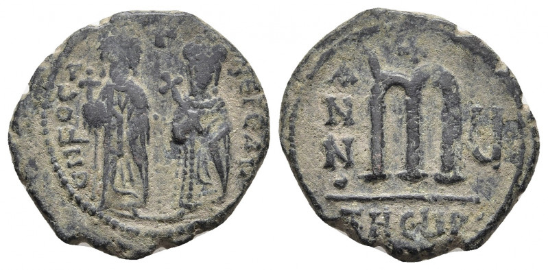 Phocas, with Leontia (602-610) AE follis, dated RY 5 (606/7). Antioch.
Obv: DN F...