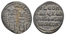 LEO VI with ALEXANDER (886-912). Follis. Constantinople.
Obv: + LЄOҺ S ALЄΞAҺδROS. Crowned figures of Leo and Alexander seated facing on double throne...