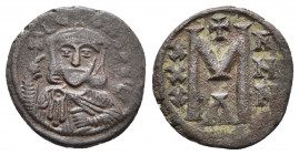 Leo V, the Armenian AD 813-820. Constantinople Follis Æ.
Obv: LEON bASIL, crowned and cuirassed bust facing with short beard, holding cross potent and...