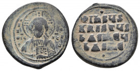 Attributed to Basil II and Constantine VIII AD 976-1028. Uncertain mint. Anonymous Follis Æ
Obv: [+ ЄMMANOVHΛ], IC XC to left and right of bust of Chr...